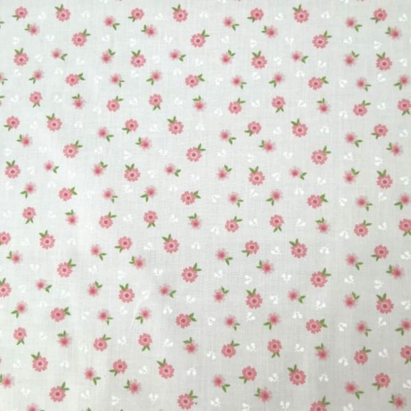 Polycotton Small Pink Flowers on White